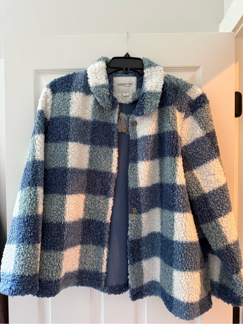 Coldwater Creek Blue & White Check Sherpa Jacket